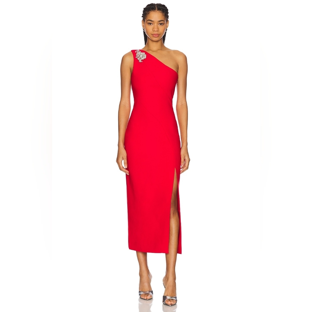NWT CINQ A SEPT Enya Scarlet Red Embellished One Shoulder Summer Midi Dress